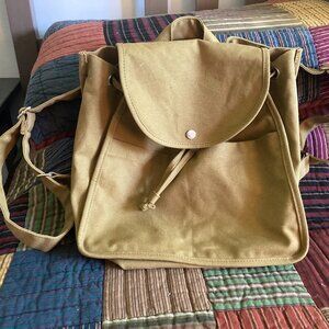 BAGGU Canvas Khaki Brown Two Pocket Backpack with Snap and Drawstring Closure